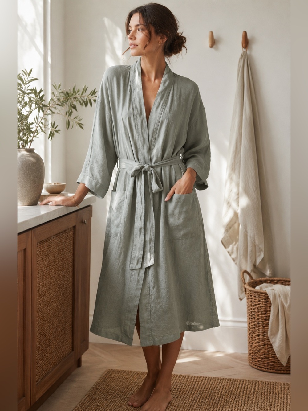 H&M Premium Home Collection Pure Linen Stone Washed Green Robe Size Small/Medium